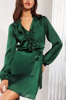 Атласное мини платье с длинными рукавами и оборками Friends Like These, зеленый