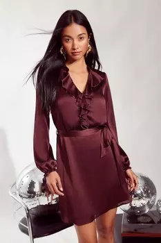 Атласное мини платье с длинными рукавами и оборками Friends Like These, красный