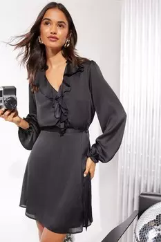 Атласное мини платье с длинными рукавами и оборками Friends Like These, черный