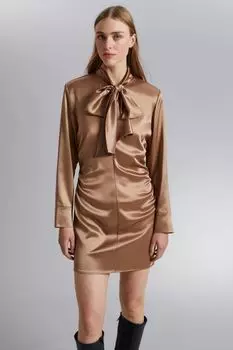 Атласное мини-платье с воротником-лавальером H&M, коричневый