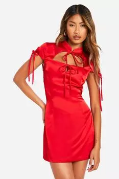 Атласное мини-платье с завязками спереди boohoo, красный