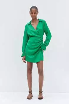 Атласное мини-платье ZARA, зеленый