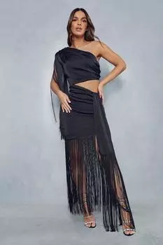 Атласное облегающее платье премиум-класса с драпировкой и бахромой на одно плечо MISSPAP, черный
