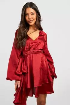 Атласное платье-блузон с рукавами Boohoo, ягодный