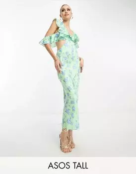 Атласное платье цвета лайма ASOS DESIGN Tall длиной до икры с цветочным принтом и многослойными развевающимися рукавами