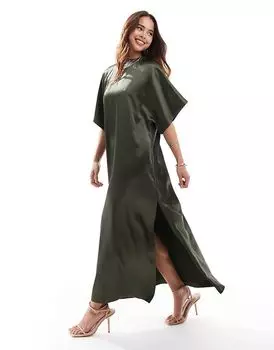 Атласное платье-футболка миди цвета хаки ASOS DESIGN