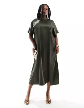 Атласное платье-футболка миди оверсайз цвета хаки ASOS DESIGN Curve
