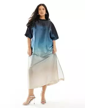 Атласное платье-футболка оверсайз миди синего цвета ASOS DESIGN Curve