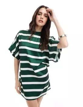 Атласное платье-футболка оверсайз в зеленую полоску ASOS DESIGN