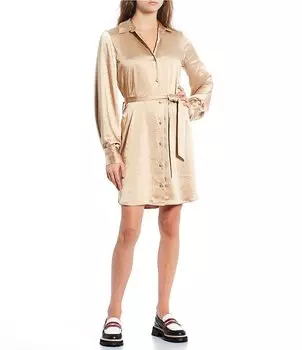 Атласное платье GB с завязкой на талии и пуговицами спереди, бежевый