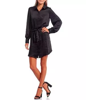 Атласное платье GB с завязкой на талии и пуговицами спереди, черный