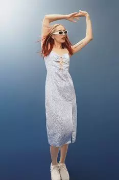 Атласное платье H&amp;M, голубой/маленькие цветы