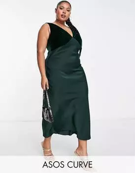 Атласное платье-комбинация миди миди с бархатным лифом ASOS DESIGN Curve в лесу