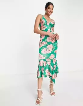 Атласное платье-комбинация миди с бретелями River Island зеленого цвета с цветочным принтом