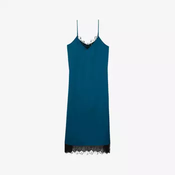 Атласное платье-комбинация миди с кружевной отделкой The Kooples, синий