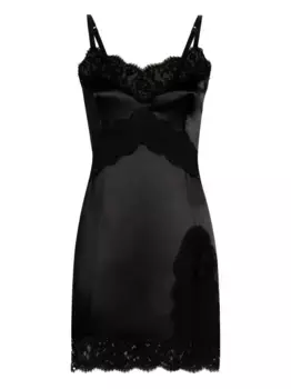 Атласное платье-комбинация мини с кружевом DOLCE & GABBANA, черный