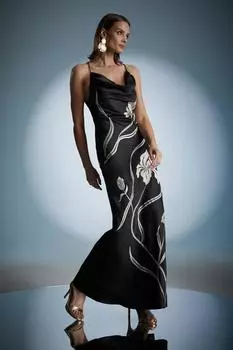 Атласное платье-комбинация с цветочной вышивкой и украшением Coast, черный