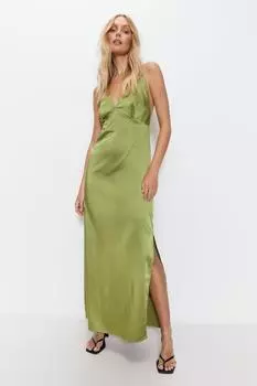 Атласное платье-комбинация с V-образным вырезом и бретелями Warehouse, зеленый