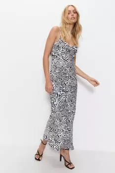 Атласное платье-комбинация с зеброй и закрученными деталями Warehouse, белый