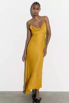 Атласное платье-комбинация ZARA, горчица