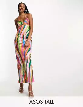 Атласное платье макси ASOS DESIGN Tall с разноцветным полосатым принтом, вырезами и чашками