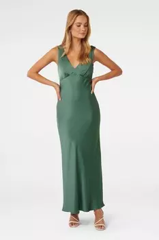 Атласное платье макси Cameron с V-образным вырезом Forever New, зеленый