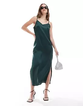 Атласное платье макси изумрудно-зеленого цвета JDY