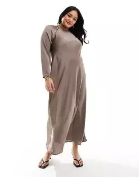 Атласное платье макси косого кроя с декоративными пуговицами ASOS DESIGN Curve цвета мокко