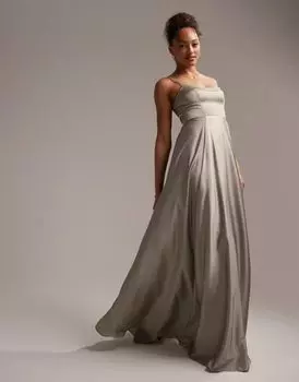 Атласное платье макси на бретельках с пышной юбкой ASOS Bridesmaid темно-зеленого цвета