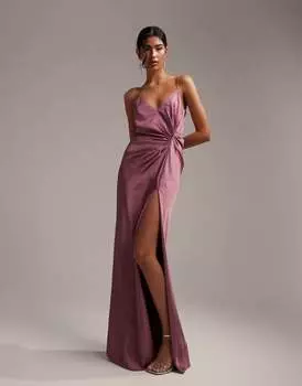 Атласное платье макси на бретельках с драпировкой цвета орхидеи ASOS Bridesmaid