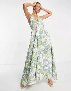 Атласное платье макси на бретельках с цветочным принтом ASOS EDITION