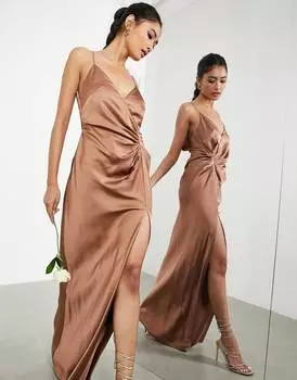 Атласное платье макси на бретельках с драпировкой ASOS EDITION цвета мокко