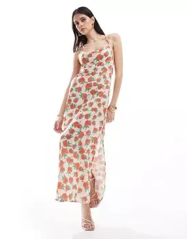 Атласное платье макси на бретелях с принтом Rose и глубоким вырезом на спине Vila