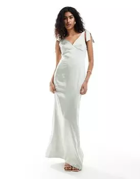 Атласное платье макси невесты цвета пайперово-зеленого цвета Pretty Lavish с завязками на бретелях