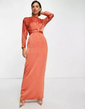 Атласное платье макси оранжевого цвета с поясом на талии ASOS DESIGN