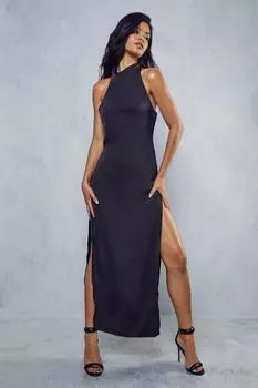 Атласное платье макси премиум-класса с драпировкой и высоким воротником MISSPAP, черный