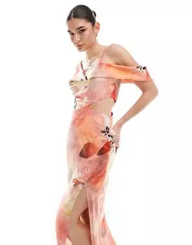 Атласное платье макси с асимметричными плечами и вырезами ASOS DESIGN с масштабным цветочным принтом