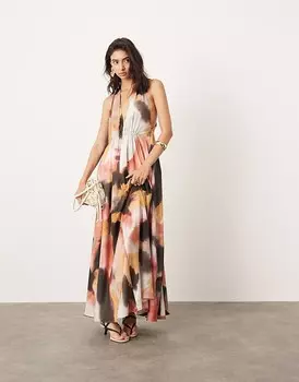 Атласное платье макси с бретельками, карманами и рюшами ASOS EDITION с акварельным принтом