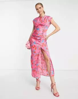 Атласное платье макси с цветочным принтом на розовой основе ASOS DESIGN