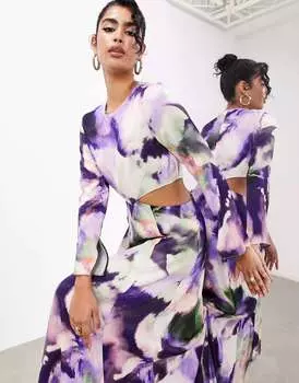 Атласное платье макси с длинными рукавами ASOS фиолетового цвета с акварельным принтом