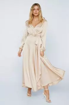 Атласное платье макси с длинными рукавами и хомутом на спине Nasty Gal, бежевый