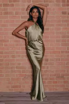 Атласное платье макси с драпированным вырезом Style Cheat, зеленый