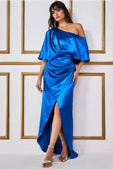 Атласное платье макси с драпировкой и запахом на плечах Goddiva, синий