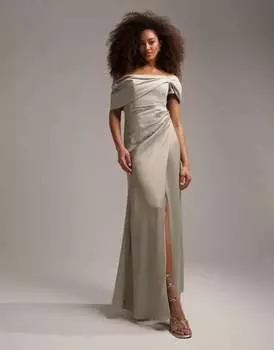 Атласное платье макси с драпировкой и запахом ASOS Bridesmaid Bridesmaid шалфейно-зеленого цвета