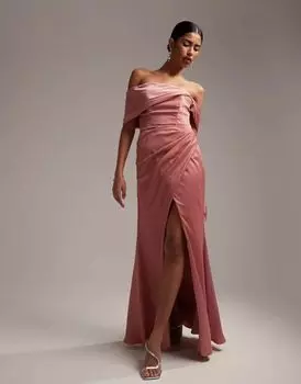 Атласное платье макси с драпировкой и запахом ASOS Bridesmaid Темно-розового цвета
