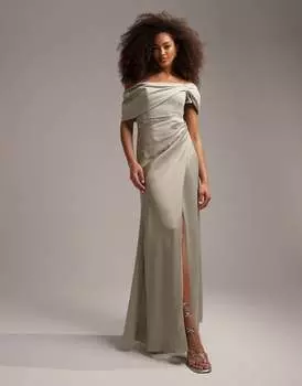 Атласное платье макси с драпировкой и вырезом ASOS DESIGN Bridesmaid шалфейного цвета