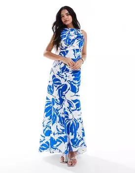 Атласное платье макси с драпировкой и высоким воротником ASOS DESIGN синего цвета с абстрактным принтом