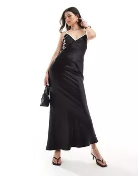 Атласное платье макси с глубоким вырезом и контрастными швами черного цвета SNDYS