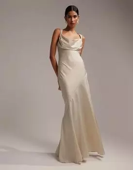 Атласное платье макси с капюшоном и юбкой со вставками ASOS Bridesmaid цвета шампанского