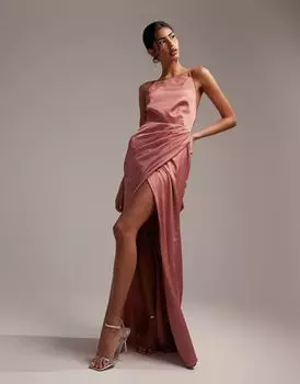 Атласное платье макси с квадратным вырезом и разрезом по бокам ASOS Bridesmaid темно-розового цвета